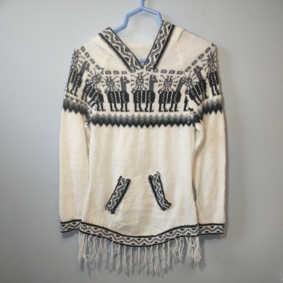 Sisandina Women's S Alpaca Blend White Fringe Pullover Southwestern Peru Boho - Picture 1 of 11